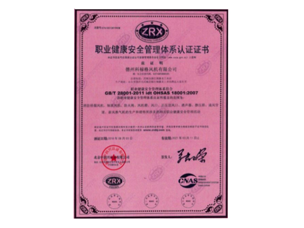 職業(yè)健康安全管理體系認證證書